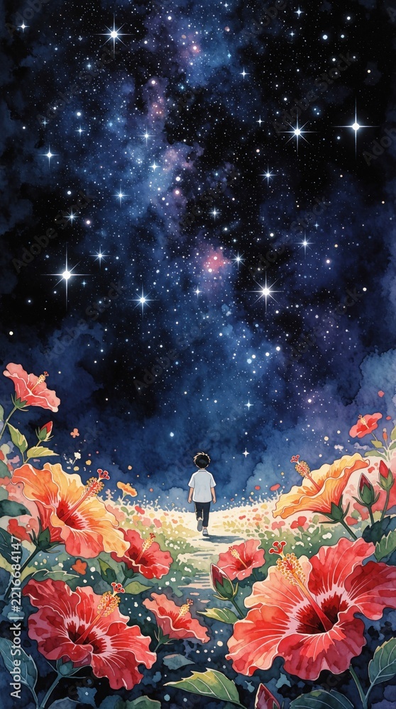 Fototapeta premium Fantasy illustration of boy looking at starry night sky. Huge red hibiscus flowers bloom in field under bright galaxy, nebula. Magical celestial universe with sparkling stars above small child in