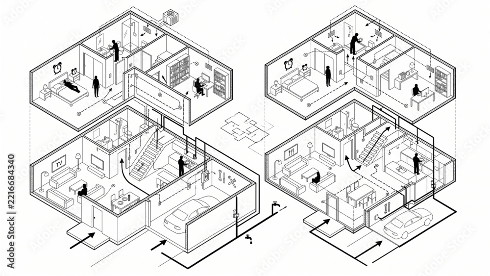 Fototapeta premium Hybrid Residential Floor Plan and Isometric Home System with Human Activities and Utility Infrastructure