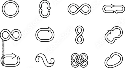 Set of various loop and cycle icons, including infinity symbols, circular arrows, and abstract continuous shapes