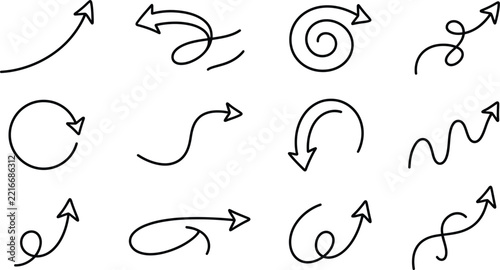 A collection of twelve handdrawn doodle arrows with various curved, looped, and swirly shapes