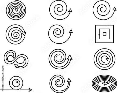 Set of various spiral and swirl icons with arrows