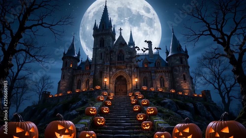 haunted castle with jack-o'-lanterns