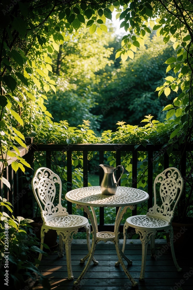 Fototapeta premium White metal table, chairs set on wooden balcony. Small round bistro set with silver pitcher sits among rich green plants. Sunny summer garden view with dense trees, foliage creates peaceful outdoor