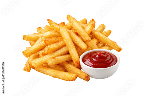 Obraz na plátně Golden crispy French fries served with a bowl of tomato ketchup, isolated on a clean white background, classic fast food snack and side dish concept