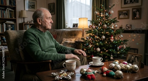 Senior man sitting thoughtfully in armchair near Christmas tree in quiet living room