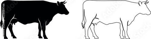 Professional black cow silhouette and line art cattle standing calmly in side profile against a clean white studio background.