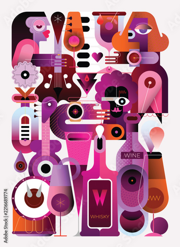 A group of friends are having fun and drinking cocktails. Musicians play music at a cocktail party. Vector illustration, creative mix of people, cocktails, bottles and musical instruments.