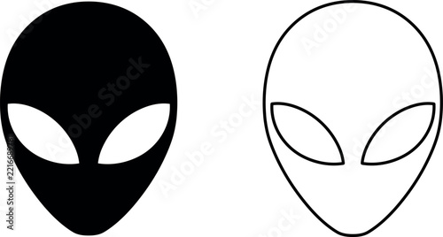 Minimalist black and white alien head icons representing mysterious extraterrestrial life in a clean flat studio lighting style.