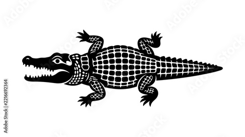 Stylized black alligator illustration with detailed scales.