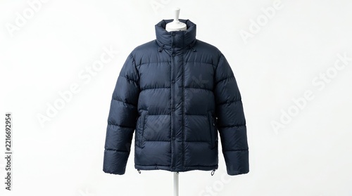 Stylish Dark Blue Puffer Jacket on Display Against a Clean White Background