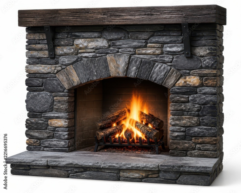 Fototapeta premium Rustic stone fireplace with burning logs and warm flame
