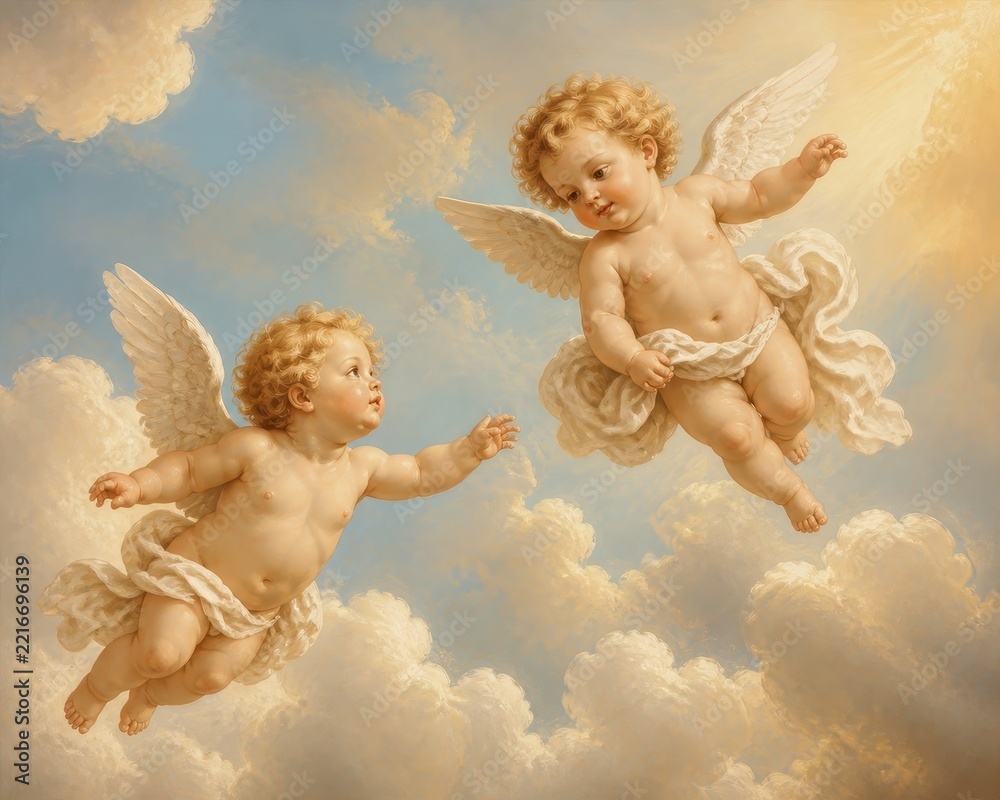 Fototapeta premium Two cherubic angels floating among soft golden clouds