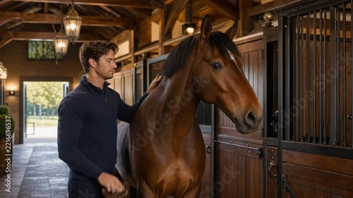 Brushing a horse's coat in the stables.