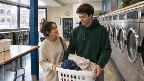 Couple doing laundry at a self-service laundromat.
