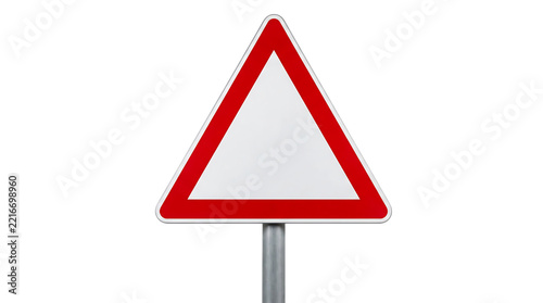 Signpost with empty triangular warning frame on triangle isolated information on transparent background
