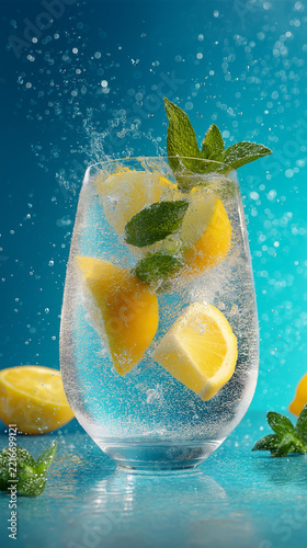 A glass of sparkling water with lemon wedges and mint sprigs, bubbles rising to the surface