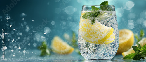 A glass of sparkling water with lemon wedges and mint sprigs, bubbles rising to the surface