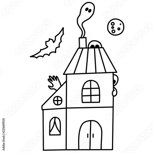 Hand-Drawn Haunted House with Ghost and Bat Line Art Illustration for Halloween Spooky Craft Designs