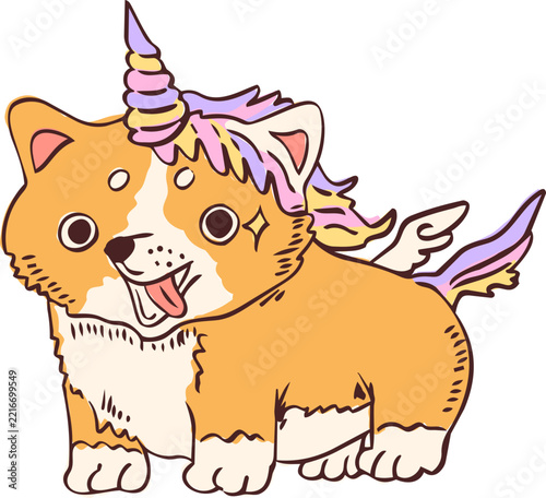 Hand Drawn corgi Unicorn Dog Illustration
