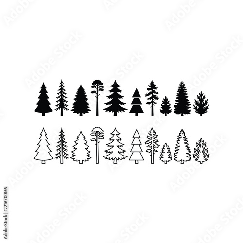 Pine conifer tree silhouette outline vector set
