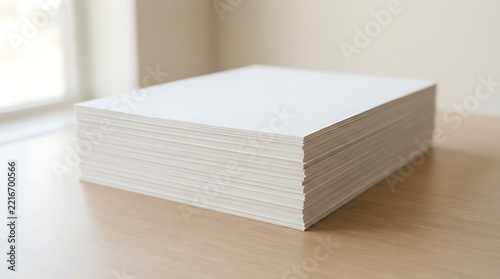 Stack of white paper sheets on a wooden desk for office printing and
