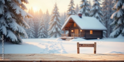Winter Wonderland Cabin Retreat Wooden Table and Chair Backrest with Snowy Forest Background