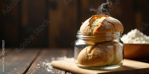 Warm, freshly baked rolls in a clear glass jar, sitting on a rustic wooden surface with a bowl of flour nearby, steam gently rising from the golden-brown bread