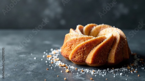 A delicately sugared bundt cake, golden brown and subtly textured, rests on a dark surface, scattered with fine sugar crystals and small, toasted nuts.
