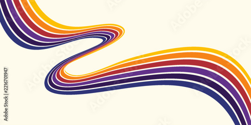 Abstract colorful 70s background vector. Vintage retro wallpaper with rainbow stripes and wavy lines. A 1970 color illustration suitable for posters, banners, decorative items and wall art.