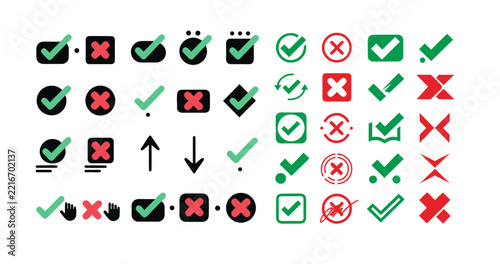Modern Green Checkmark and Red X Mark Icon Set for Approval Rejection, Correct Wrong, Accept Decline and Decision Making