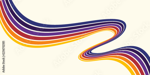 Abstract colorful 70s background vector. Vintage retro wallpaper with rainbow stripes and wavy lines. A 1970 color illustration suitable for posters, banners, decorative items and wall art.