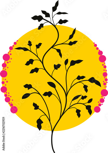 Black silhouette of a plant stem with leaves on a yellow circle with pink polka dots