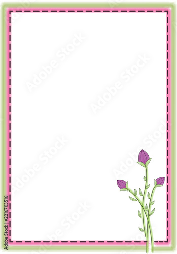 Rectangular border frame with green and pink edges and three purple flower buds
