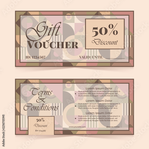Gift voucher and discount coupon template with retro geometric design