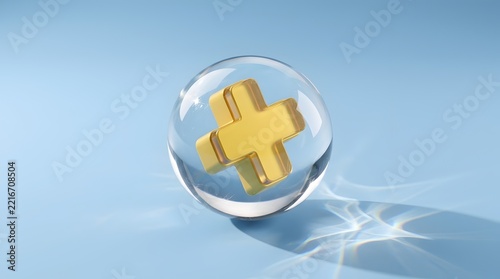 Golden Plus Sign Symbol Encased in a Transparent Sphere on a Light Blue Background with Reflected Light Patterns