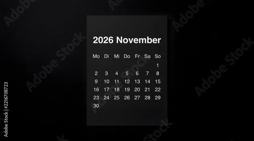 Minimalist November 2026 Calendar Page Design with Dark Background and Clean Typography Showing Dates and Days of the Week