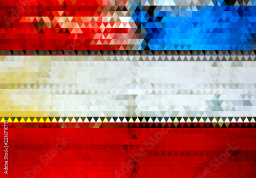 Abstract geometric mosaic background with horizontal red, blue, black, white and yellow triangle stripes, low poly flag-like texture