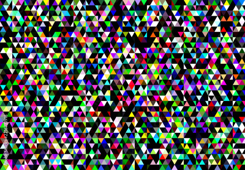 Colorful abstract geometric triangle pattern with neon multicolor mosaic shapes on black background, modern chaotic vector design