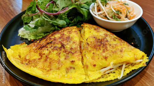 sizzling banh xeo with turmeric and herbs in vibrant background