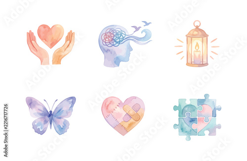 Watercolor Mental Health Icon Set, Self Care, Psychology, and Healing Symbols