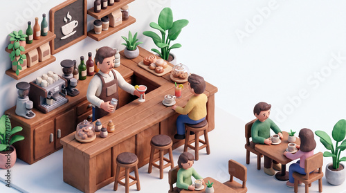 3D isometric illustration of a bar tender coffee shop, claymation style, soft pastel lighting, white background
