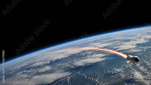 Rocket launch path across space above Earth with glowing exhaust and atmospheric horizon