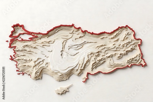 Topographic Map of Turkey with Red Border.