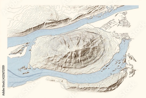 Topographic Map of a Mountainous Island Surrounded by Rivers.