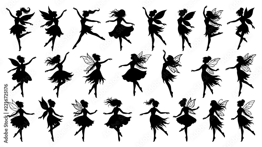 Fototapeta premium Silhouette of Dancing Fairies: A collection of twenty-four delicate fairy silhouettes in various graceful poses, each with whimsical wings, capturing the magic and fantasy of these mythical creatures.