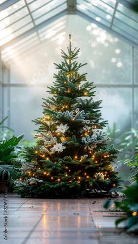 Obraz na płótnie ガラス温室で輝く植物に囲まれた縦型クリスマスツリー画像