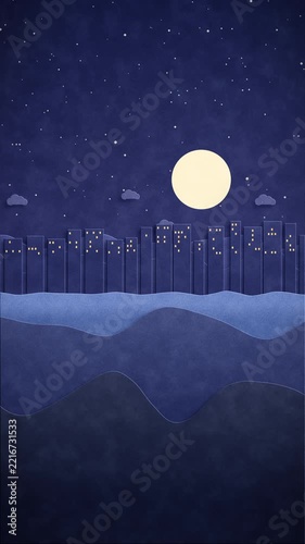 Paper Cut Night City Skyline and Moon Parallax Loop