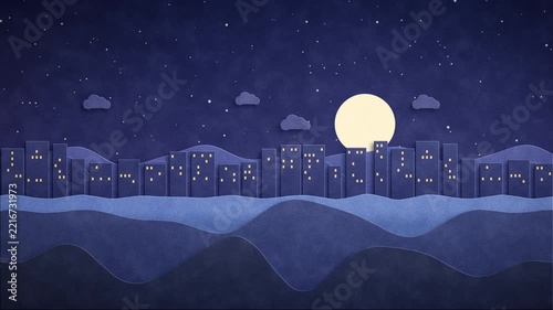 Paper Cut Night City Skyline and Moon Parallax Loop