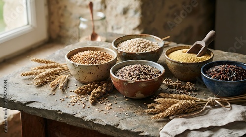 Heritage grains and ancient seeds displayed in rustic ceramic bowls on a stone table with wheat stalks