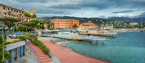 Panorama of shoreline with beaches and wharfs at Santa Margherita small town near Portofino. Italy